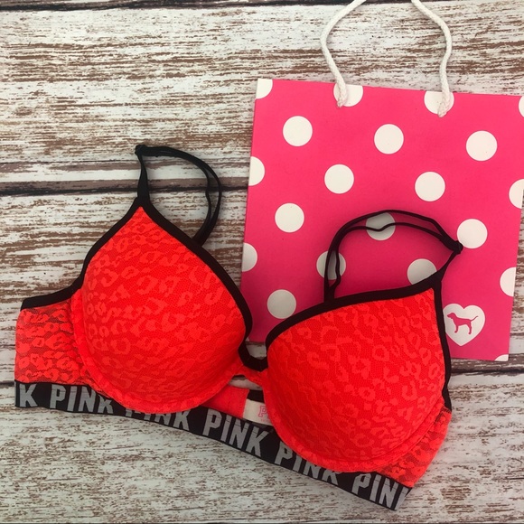 PINK Victoria’s Secret Bra Size 32C Orange Leopard Lace Wear Everywhere Push-Up - Picture 3 of 6